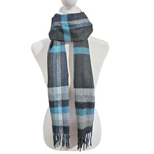 Bass G.H. Bass Blue & Gray Plaid Fringe Scarf Unisex Soft Acrylic NWT